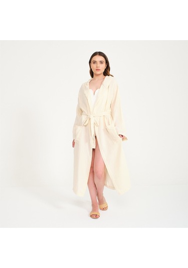 Unisex Kapüşonlu Uzun Müslin Bornoz-Bej