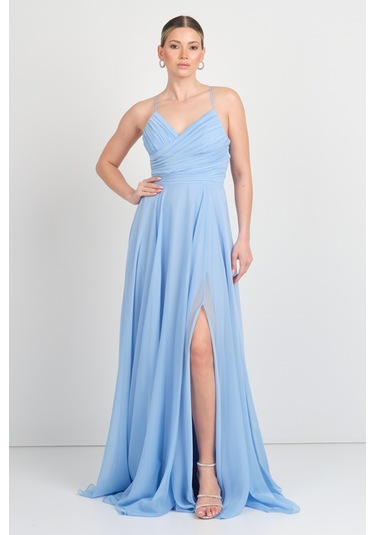 Doridorca Kadın Sırt Dekolteli Fiyonklu Drapeli V Yaka Abiye Elbise 6128 Bebe Mavisi Bebe Mavisi