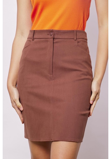 Kadın Cep Detaylı Diz Üstü Hafif Likralı Pamuklu Kumaş Kalem Etek-kahve Kahve