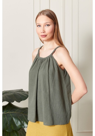 Şık Farklı Tarz Keten Işıl Bluz - Zarif Ve Modern Tasarım Haki