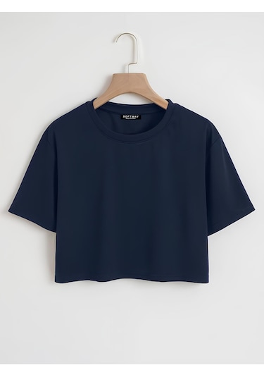 Kadın Oversize Bisiklet Yaka Düz Crop T-shirt - Lacivert