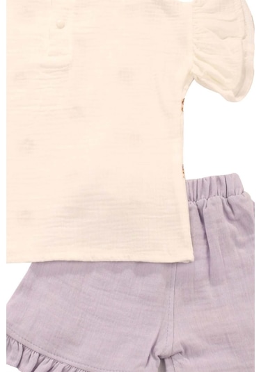 Ayıcık Baskılı Fırfırlı Şortlu Lila Takım Bipamuk 001