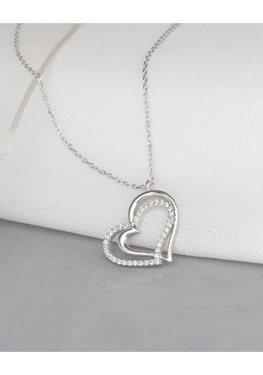 Brezza Lusso Jewelry Diamond Model Special Çift Kalp Kadın Gümüş Kolye 45 CM 45 CM