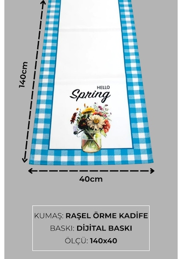 Masa Örtüsü Runner Bahar Temalı Hello Spring 140x40 Raşel Örme Kadife Dijital Baskı Çok Renkli