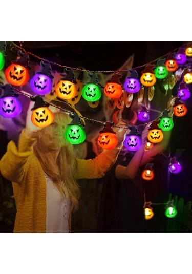 Alegre Cadılar Bayramı Işık Zinciri, Balkabağı, 4 Renkli Dekorasyon, 3 M, 20 Led, Cadılar Bayramı, Dekorasyon, Balkabağı, Işık Zinciri, Pil, Merhaba Çok Renkli