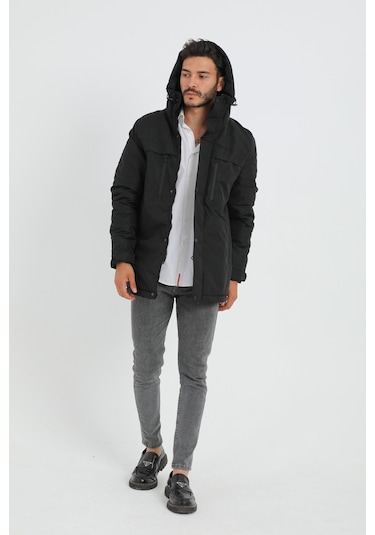 Erkek Siyah Içi Polarlı Su Ve Rüzgar Geçirmez Kapüşonlu Kışlık Mont & Kaban & Parka Siyah