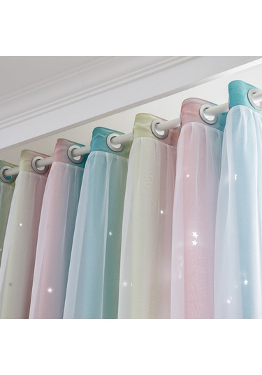 Gajeena Pembe Yıldız Desenli İki Katlı Isı Yalıtımlı Gölgelendirici Perde - Yatak Odası & Oturma Odası - 1 Adet + Bej Bağlama Ipçesi 100x130cm