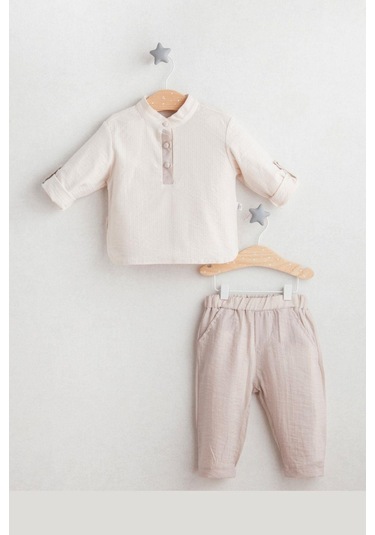 Erkek Bebek Hakim Yaka Gömlek Pantalon Takım Açık Kahverengi