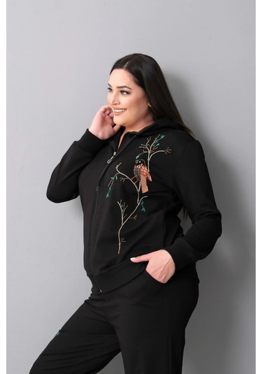 Kapüşonlu Fermuarlı Boncuk Nakışlı Takım Siyah