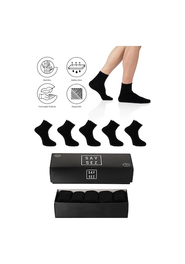 Saysez Bambu Erkek Yarım Konç Düz Çorap Dikişsiz Premium Kutu 5'li Siyah