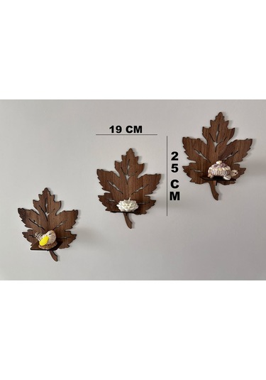 3 Lü Ahşap Duvar Süsü Rafı - Yaprak Mumluk Ve Dekoratif Aplik Seti