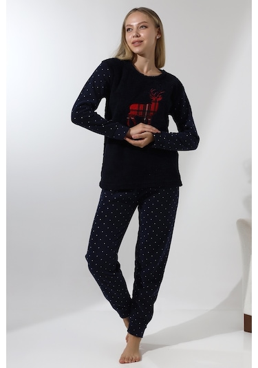 Fawn 5016 Peluş Welsoft Polar Kışlık Yumoş Geyikli Kadın Pijama Takımı-lacivert Lacivert