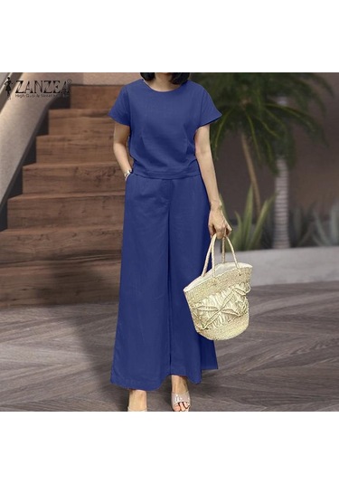 Zanzea Yaz Kıyafetleri Bayan Bluz Ve Pantolon Günlük İki Parçalı Takım Elbise Kraliyet Mavisi Zanzea Yaz Kıyafetleri Bayan Bluz Ve Pantolon Günlük İki Parçalı Takım Elbise Kraliyet Mavisi