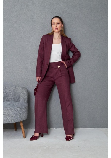 Kare Düğmeli Yünefekt Takım Mürdüm Düz Mürdüm