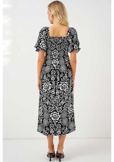 Kare Yaka Prenses Kol Önü Gipeli Yanları Yırtmaçlı Çiçek Desenli %100 Pamuk Midi Boy Viskon Elbise Siyah