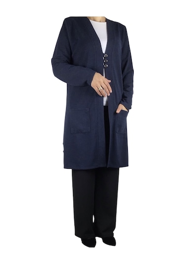 Kadın Önü Üç Düğmeli Mevsimlik Cepli Hırka Lacivert