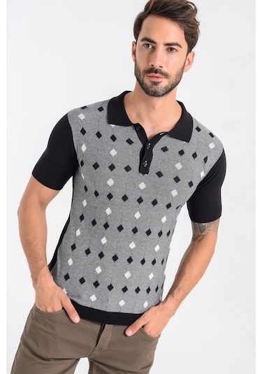 Heyss Kısa Kollu Polo Yaka Desenli Erkek Triko Siyah