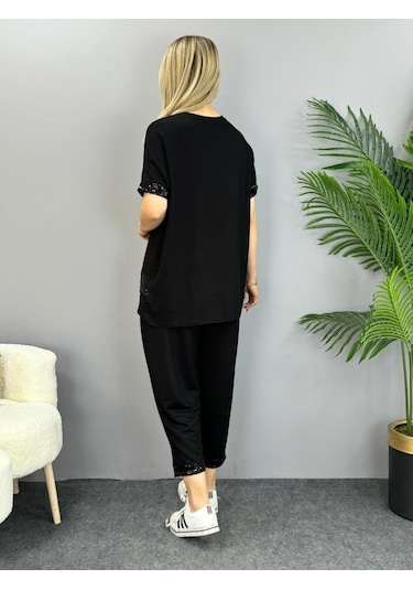 Modaserdem Kadın Kısa Kollu V Yakalı Pul Payetli Viskon Iki Iplik Bluz Ve Pantolon Ikili Takım Siyah