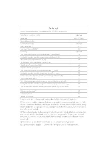 Vestel KM 87202 WIFI 8 KG Isı Pompalı Çamaşır Kurutma Makinesi (Distribütör Garantili)