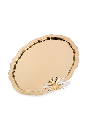 Oval Gold Kelebekli Kahve-çay Sunum Tepsisi 20x25 Cm