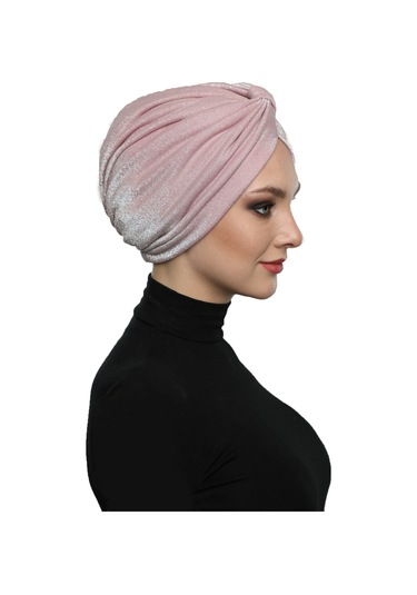 Simli Pike Çapraz Bantlı Astarlı Pudra Hazır Türban Tesettür Bone Abiye Pudra