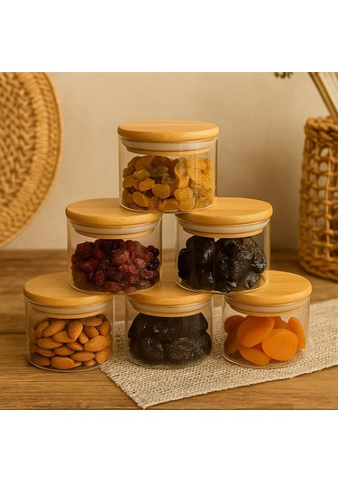 6'lı Borosilikat Cam Kahvaltılık Seti - Sızdırmaz Silikonlu Bambu Kapak - 90 X 70 Mm-400 Ml Beyaz