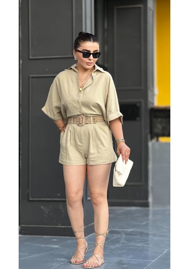 Taş Keten Kendinden Kemerli Gömlek-şort Takım Taş