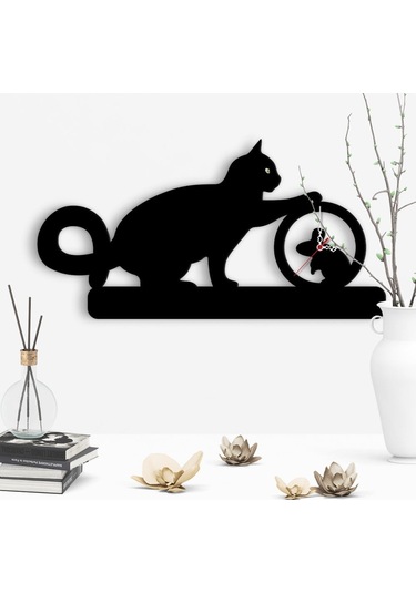 Dekoratif Kedi Tasarımlı Ahşap Duvar Saati - 4 Çok Renkli