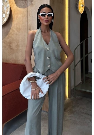 Moderie Butik Halter Yaka Yelekli Modal Takım 10144 Oli Ve