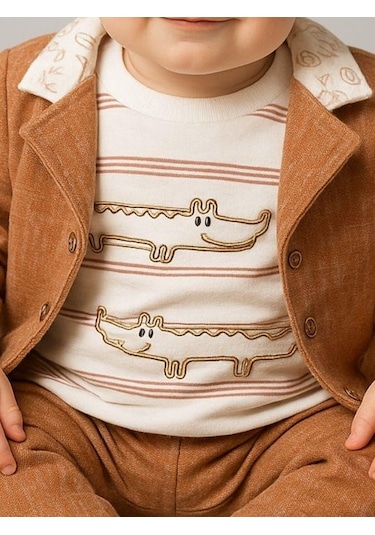 Erkek Bebek Pamuklu Timsah Desenli Body Ceket Pantolon 3'lü Takım-16289 Kahverengi