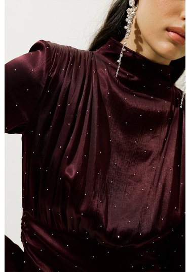 Mıla Taşlı Abiye Elbise Bordo Bordo