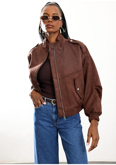 Kahverengi Süet Bomber Ceket D99806 Kahverengi