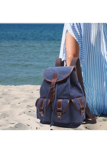 Suntek Kanvas Sırt Çantası Okul Yürüyüş Satchel Çanta Koyu Mavi