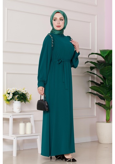 Omuzu Taş Detaylı Rose Elbise-zümrüt Yeşili-4777 Zümrüt Yeşili