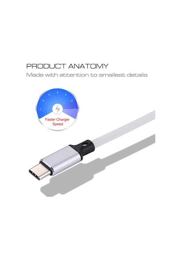 1m 2a Çıkış Usb To Usb-c / Type-c Nylon Örgü Tarzı Veri Senkronizasyon Şarj Kablosu Beyaz