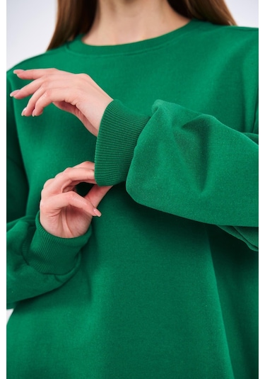 Comeor Yeşil Kadın Pamuklu Oversize Basic Bisiklet Yaka Sweatshirt 001