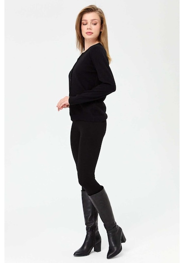 Desen Triko Kadın Sıfır Yaka Triko Yün Hırka 21031 Siyah