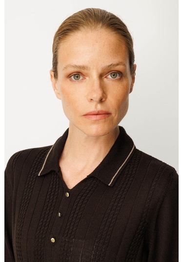 Desen Triko Polo Yaka Simli Çizgili Kadın Yün Bluz 25080d Kahve