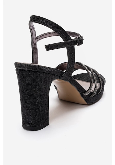 Luvishoes Jarena Siyah Simli Taşlı Kadın Kalın Topuklu Abiye Ayakkabı