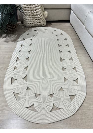 Krem Jüt Hasırlı El Örgüsü Kilim Beyaz