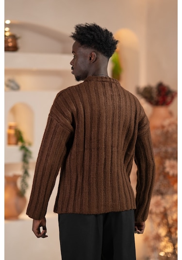 Oversize Kendinden Çizgili Pamuklu Kalın Triko Spor Kazak Kahverengi