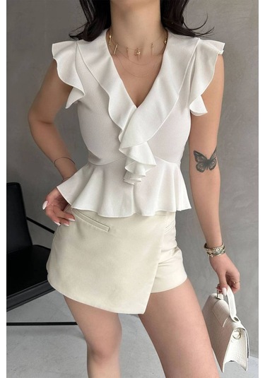 Yakası V Kolları Volalı Crep Bluz Beyaz Beyaz