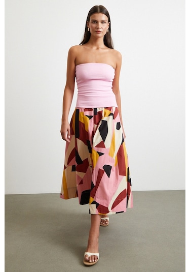 Desenli Midi Etek Pembe Pembe