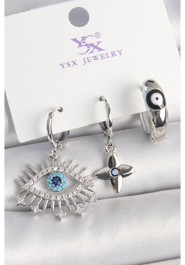 Pirinç Gümüş Renk Zirkon Taşlı Göz Model Nazar Boncuk Detay 3'lü Kadın Kombin Küpe Çok Renkli