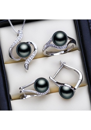 Siyah Lsooyh Doğal Tatlı Su Inci Kolye Çiçek Kolye Moda Saplama Küpe Yüzükler Kadınlar Için Inci Takı Setleri Siyah