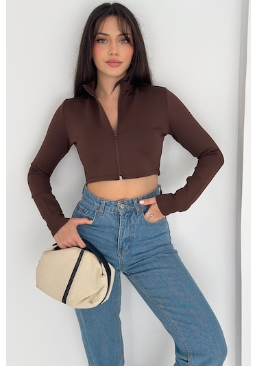 Kadın Fermuarlı Crop Ceket Dinamik & Modern Stil Kahverengi