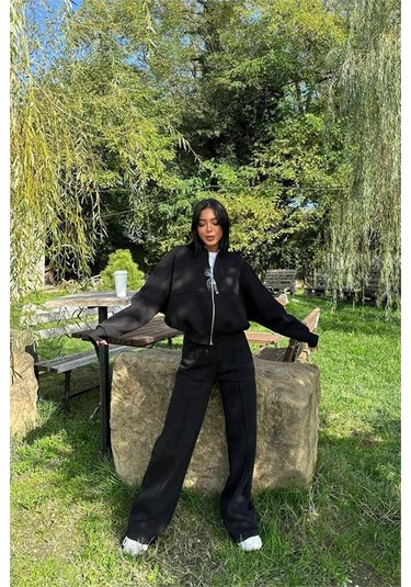 Neşeli Butik Kadın Siyah Fermuarlı Kışlık Salaş Eşofman Takımı Nbg026 Siyah