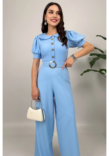 Firenze Kadın Mavi Düğmeli Kemer Detaylı Bol Paça Tulum Zarif Akşam Şıklığı Mavi