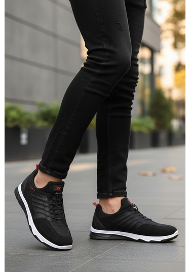 Siyah Kırmızı Elastik Bağcıklı Hafif Esnek Erkek Spor Ayakkabı Dong 2534 M Siyah-kırmızı