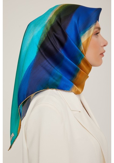 Armine 90 90 Sura Ipek Eşarp Gold Yeşil Saks Mavi Kahve